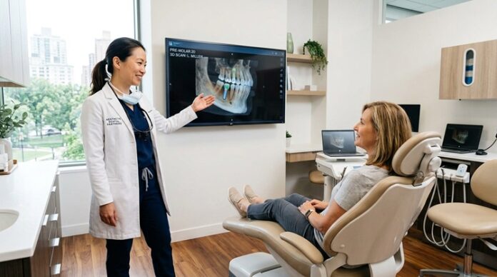 Dentist showing patient implant Dentist showing patient implant